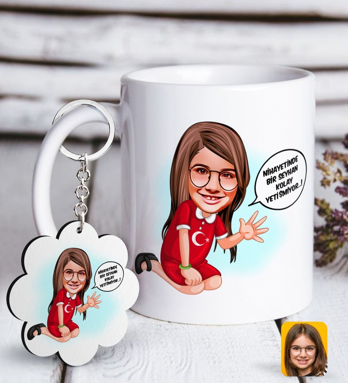 Kişiye Özel Kız Çocuk Kolay Yetişmiyor Karikatürlü Beyaz Kupa ve Anahtarlık Hediye Seti-3
