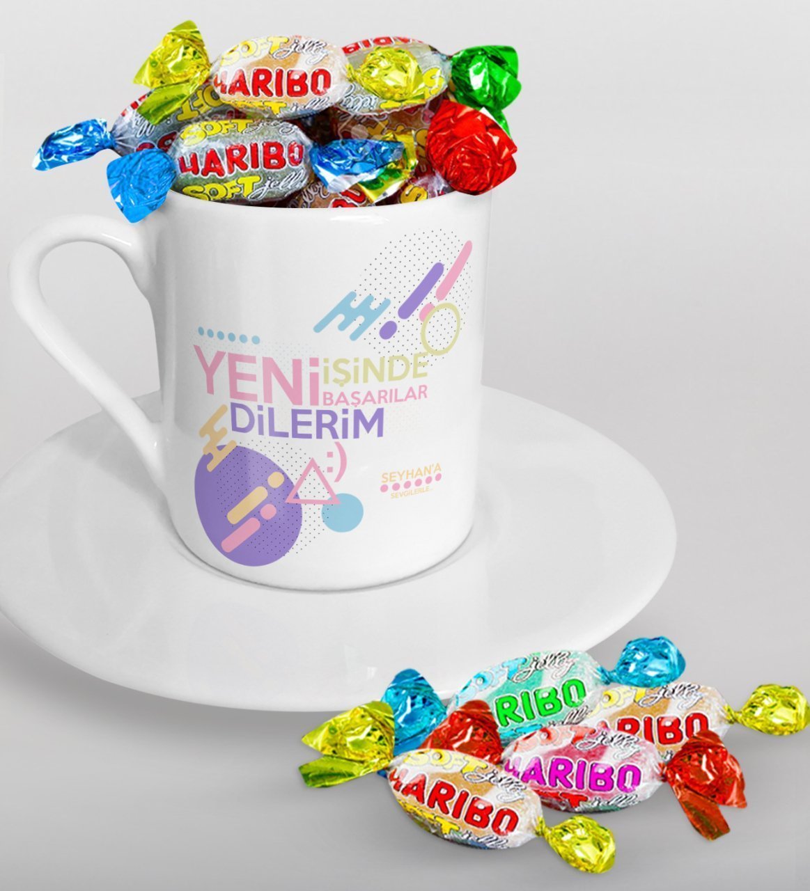 Kişiye Özel Yeni İşinde Başarılar Dilerim Türk Kahvesi Fincanı ve Haribo Şeker Hediye Seti-2