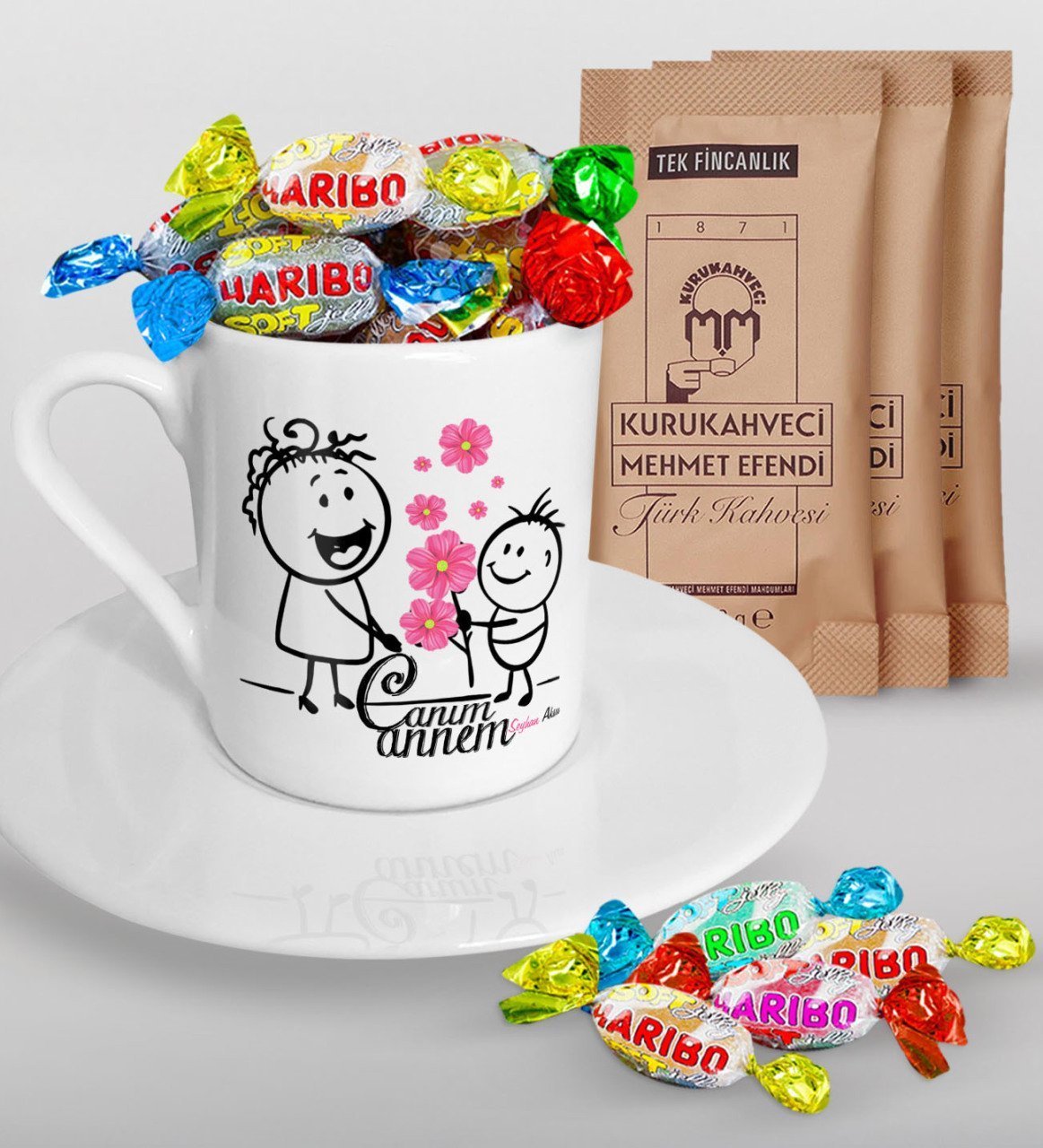 Kişiye Özel Canım Annem Tasarımlı Türk Kahvesi Fincanı Mehmet Efendi Kahve ve Haribo Şeker Hediye Seti-17