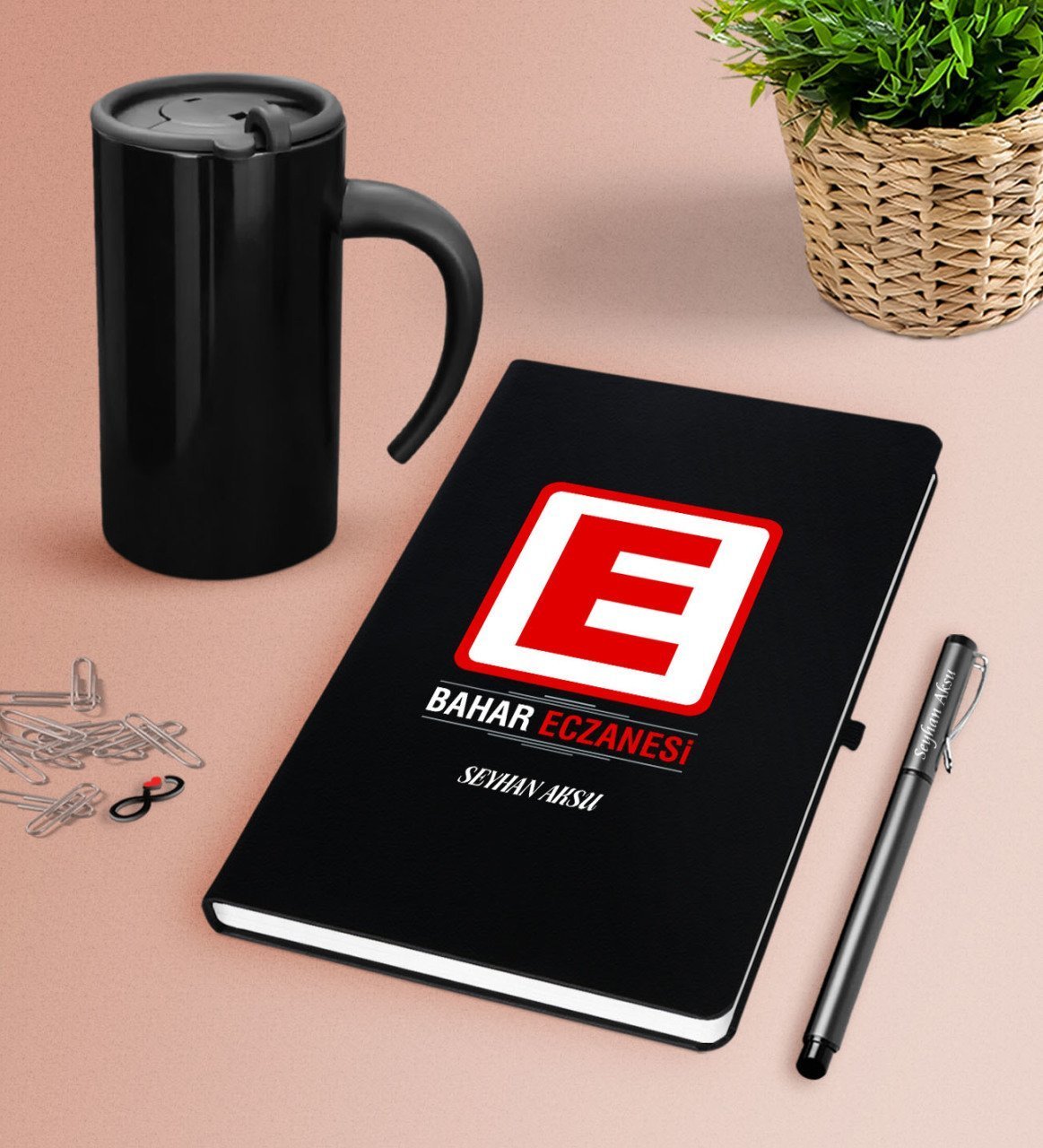 Kişiye Özel Eczane Siyah Defter Kalem Termos Mug Seti-1