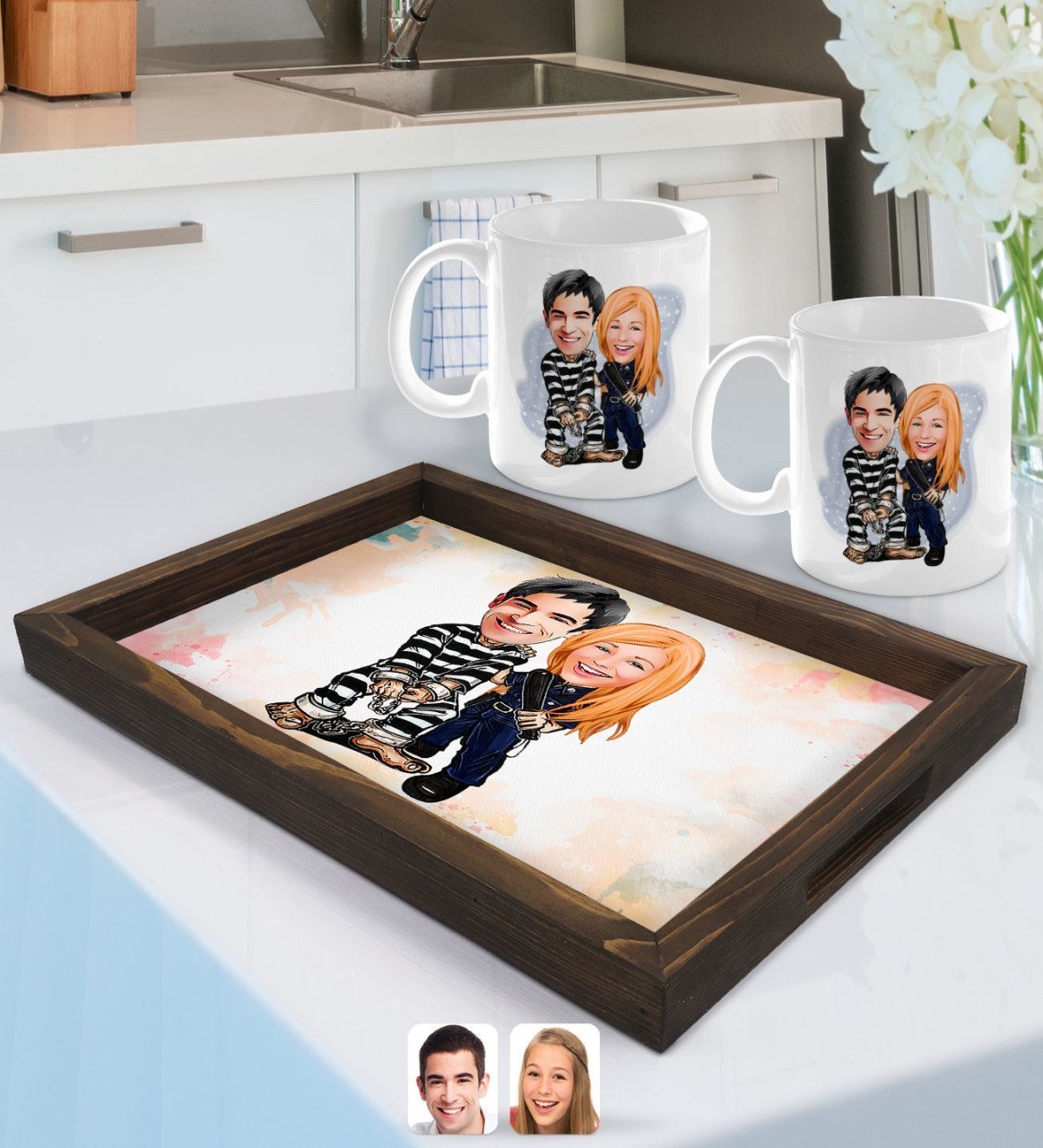 Kişiye Özel Sevgililer Karikatürlü Doğal Ahşap Tepsi ve 2’li Kupa Bardak Seti-7