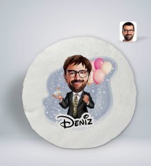 Kişiye Özel İsimli Erkek Doğum Günü Karikatürlü Yuvarlak Araç Koltuk Yastığı-3