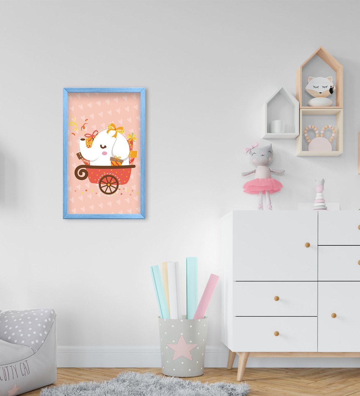 BK Home Tatlı Fil Tasarımlı Dekoratif Mavi Ahşap Çerçeveli Çocuk Odası Tablo-1