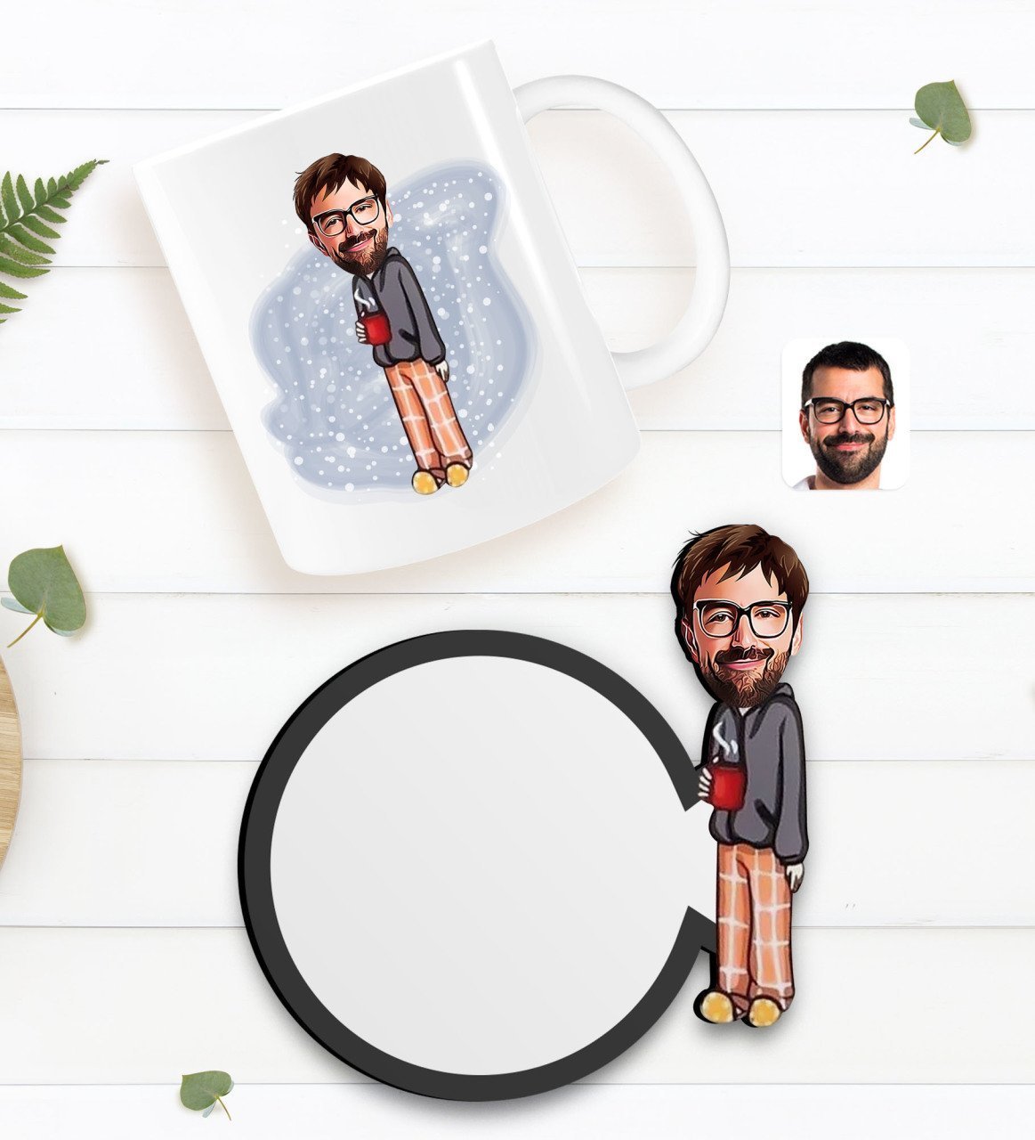 Kişiye Özel Erkek Karikatürlü Beyaz Kupa ve Ahşap Bardak Altlığı Hediye Seti-60