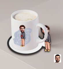 Kişiye Özel Erkek Karikatürlü Beyaz Kupa ve Ahşap Bardak Altlığı Hediye Seti-60