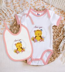 BK Kids Love You Tasarımlı Pembe Bebek Body Zıbın ve Mama Önlüğü Hediye Seti-1