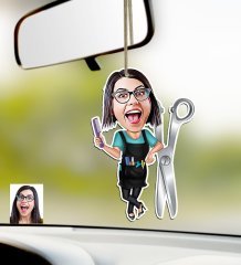 Kişiye Özel Bayan Kuaför Karikatürlü Ahşap Araba Dikiz Ayna Süsü