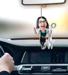 Kişiye Özel Bayan Kuaför Karikatürlü Ahşap Araba Dikiz Ayna Süsü