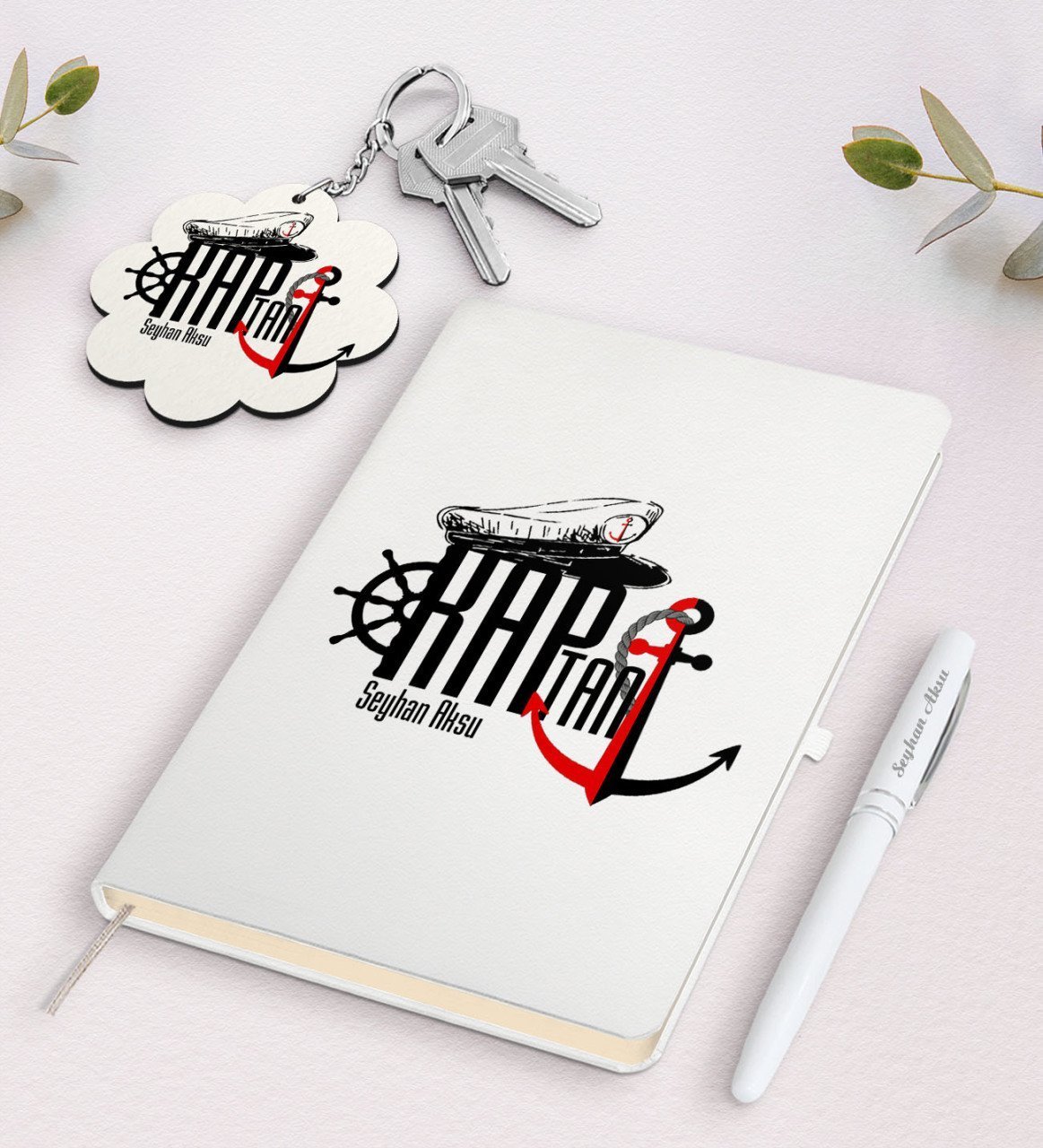 Kişiye Özel Kaptan Beyaz Defter Kalem Ve Anahtarlık Hediye Seti-2