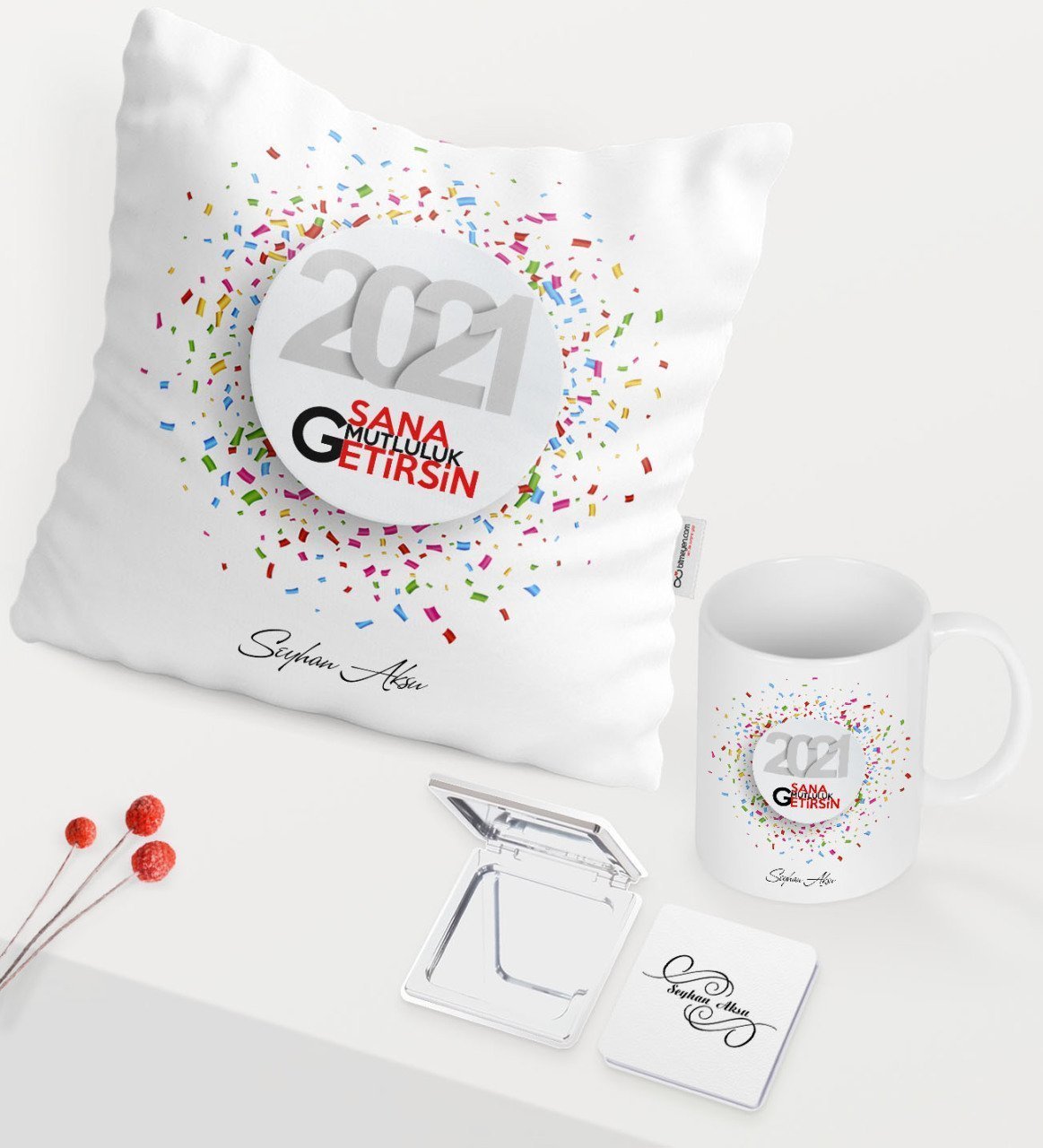 BK Gift Kişiye Özel 2023 Sana Mutluluk Getirsin Temalı Beyaz Kupa Ayna Yastık Seti