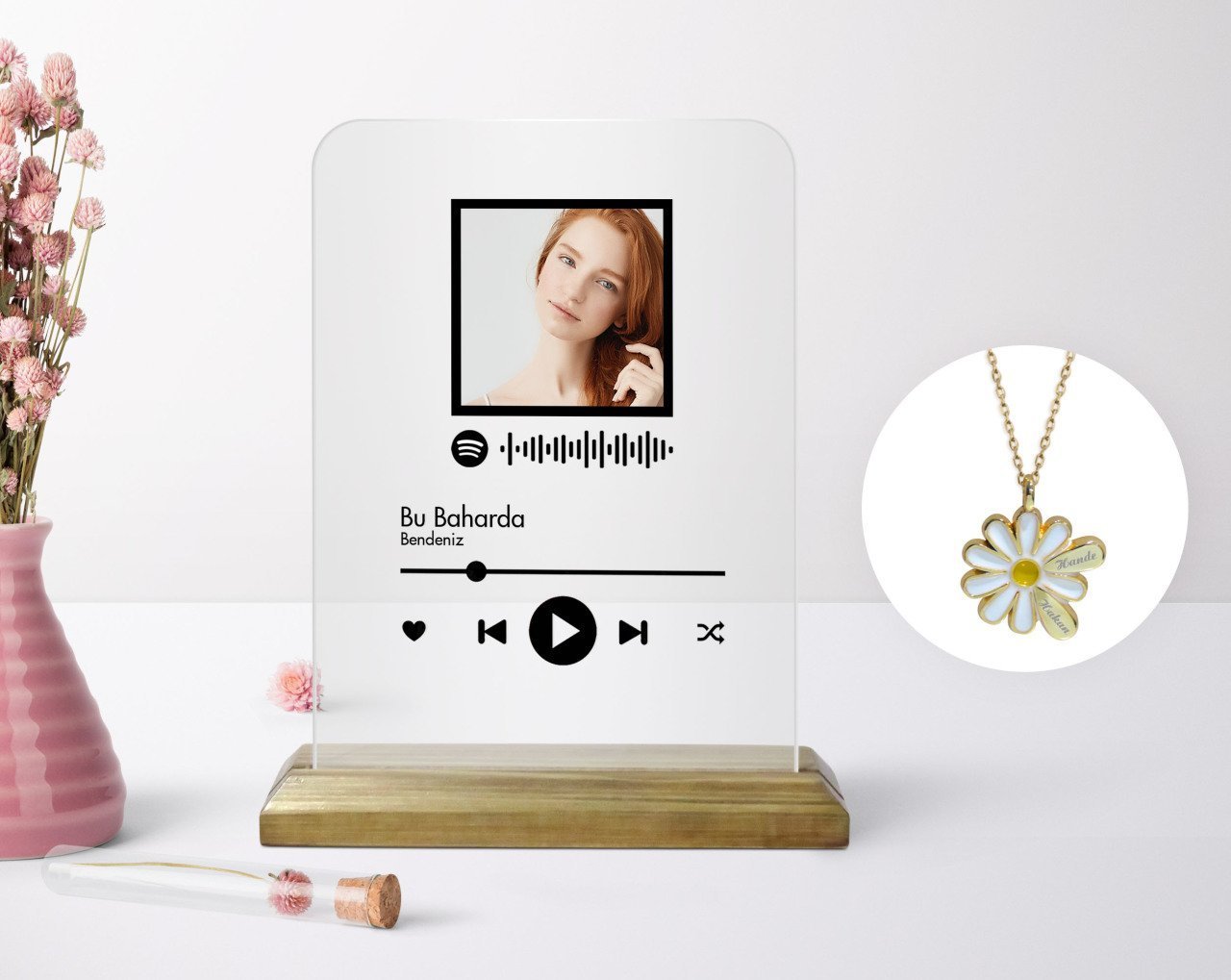 Kişiye Özel Fotoğraflı Spotify Barkodlu Plak ve Çift İsimli Papatya Kolye Seti-2