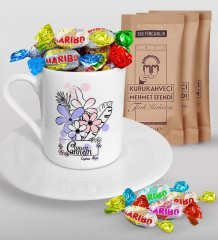 Kişiye Özel Canım Annem Tasarımlı Türk Kahvesi Fincanı Mehmet Efendi Kahve ve Haribo Şeker Hediye Seti-16