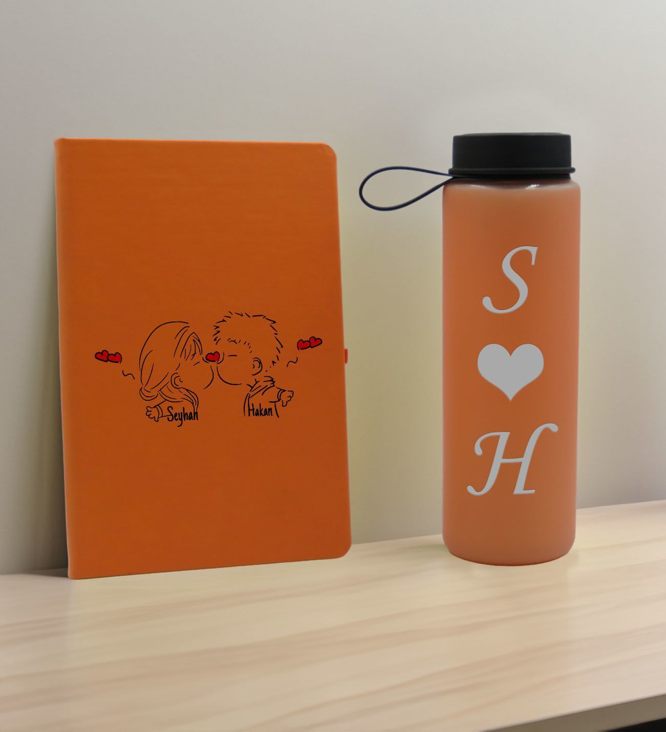 BK Gift Sevgiliye Özel İsimli Turuncu Defter ve Somon Cam Matara Hediye Seti-8, Sevgiliye Hediye, Sevgililer Günü, Yeni İş Hediyesi