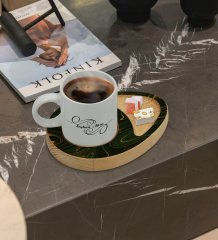 Kişiye Özel Mermer Tasarımlı Doğal Ahşap Tabaklı Türk Kahvesi Fincanı Sunum Seti Model 4