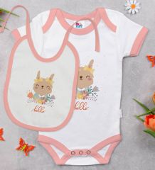 BK Kids Hello Tasarımlı Pembe Bebek Body Zıbın ve Mama Önlüğü Hediye Seti-1