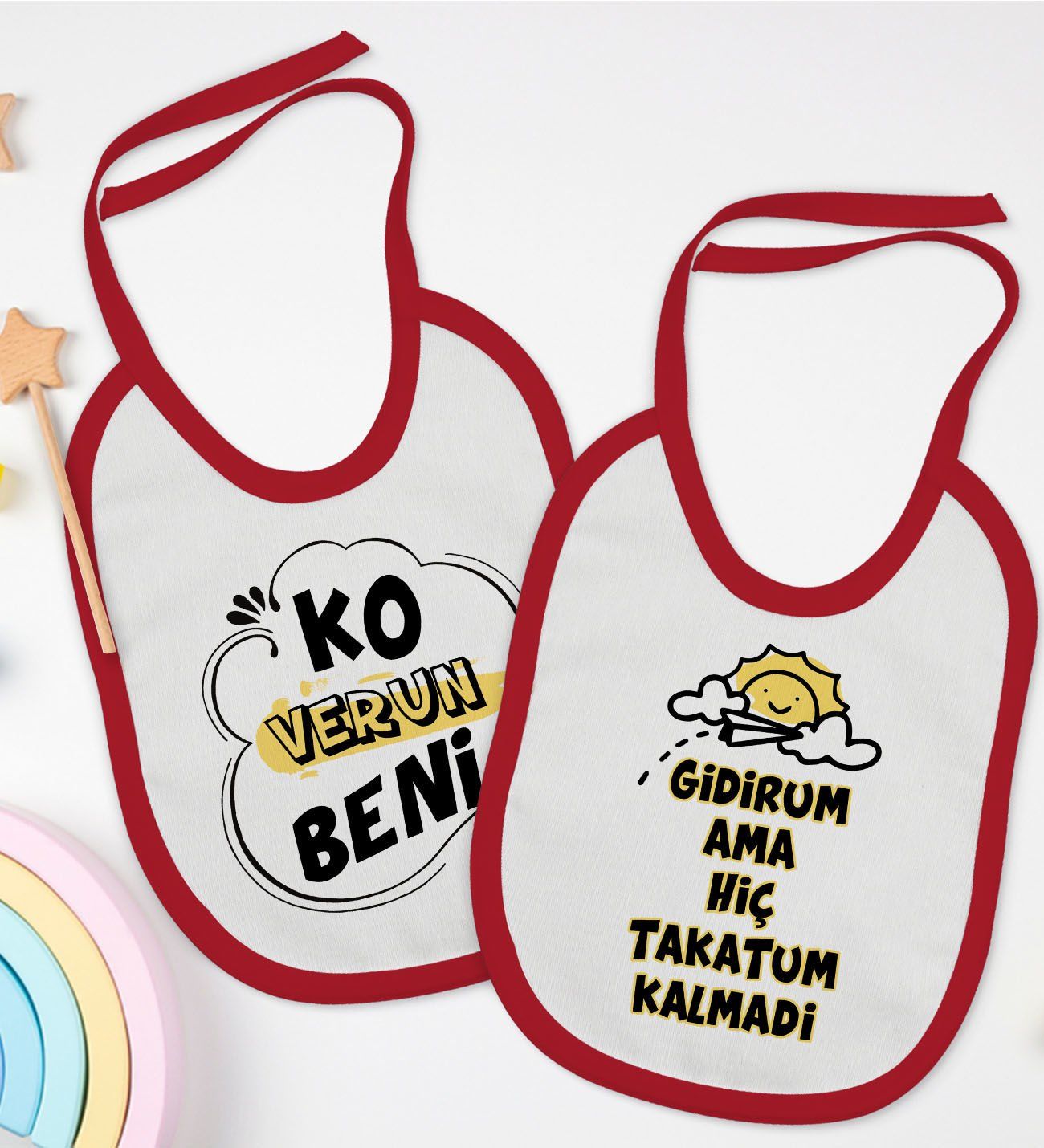 BK Kids Ko Verun Beni ve Takatum Kalmadi Tasarımlı 2’li Kırmızı Mama Önlüğü-1
