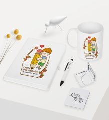 Kişiye Özel Canım Öğretmenim Temalı Beyaz Defter Kalem Kupa Ayna Seti - 4