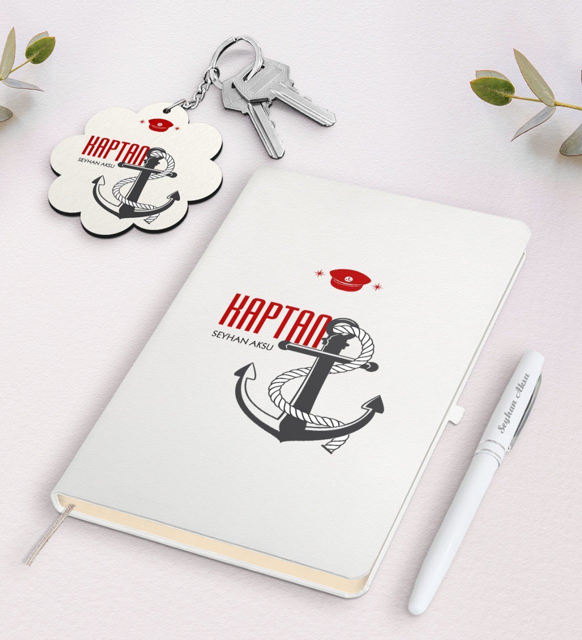 Kişiye Özel Kaptan Beyaz Defter Kalem Ve Anahtarlık Hediye Seti-1