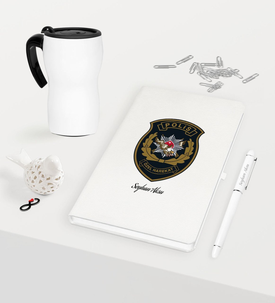 Kişiye Özel Polis Özel Harekat Temalı Beyaz Defter Kalem Termos Mug Seti