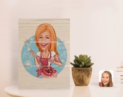 Kişiye Özel Kadın Aşçı Karikatürlü Otantik Masaüstü Ahşap Palet Çerçeve-1