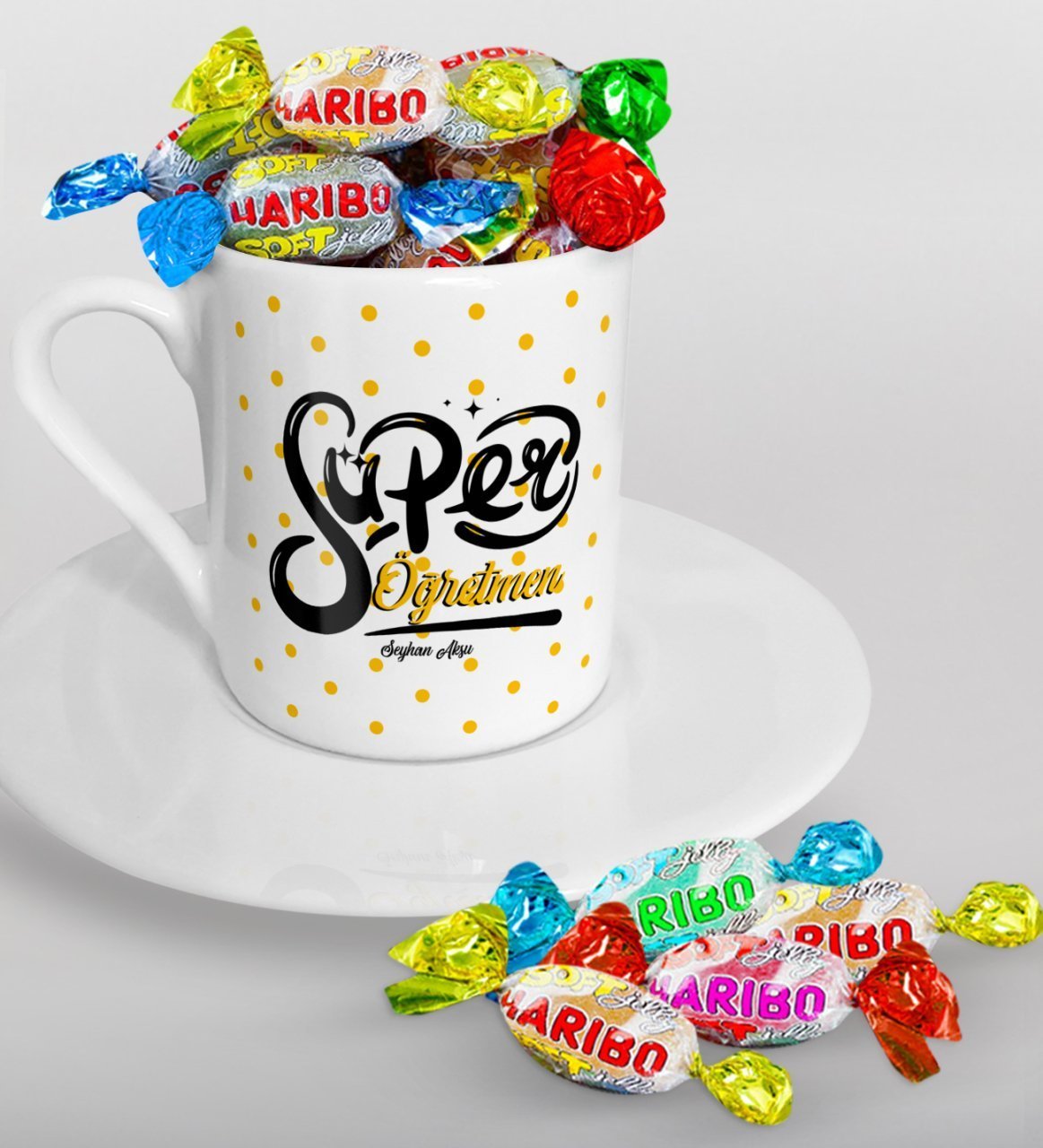 Kişiye Özel Süper Öğretmen Türk Kahvesi Fincanı ve Haribo Şeker Hediye Seti-1
