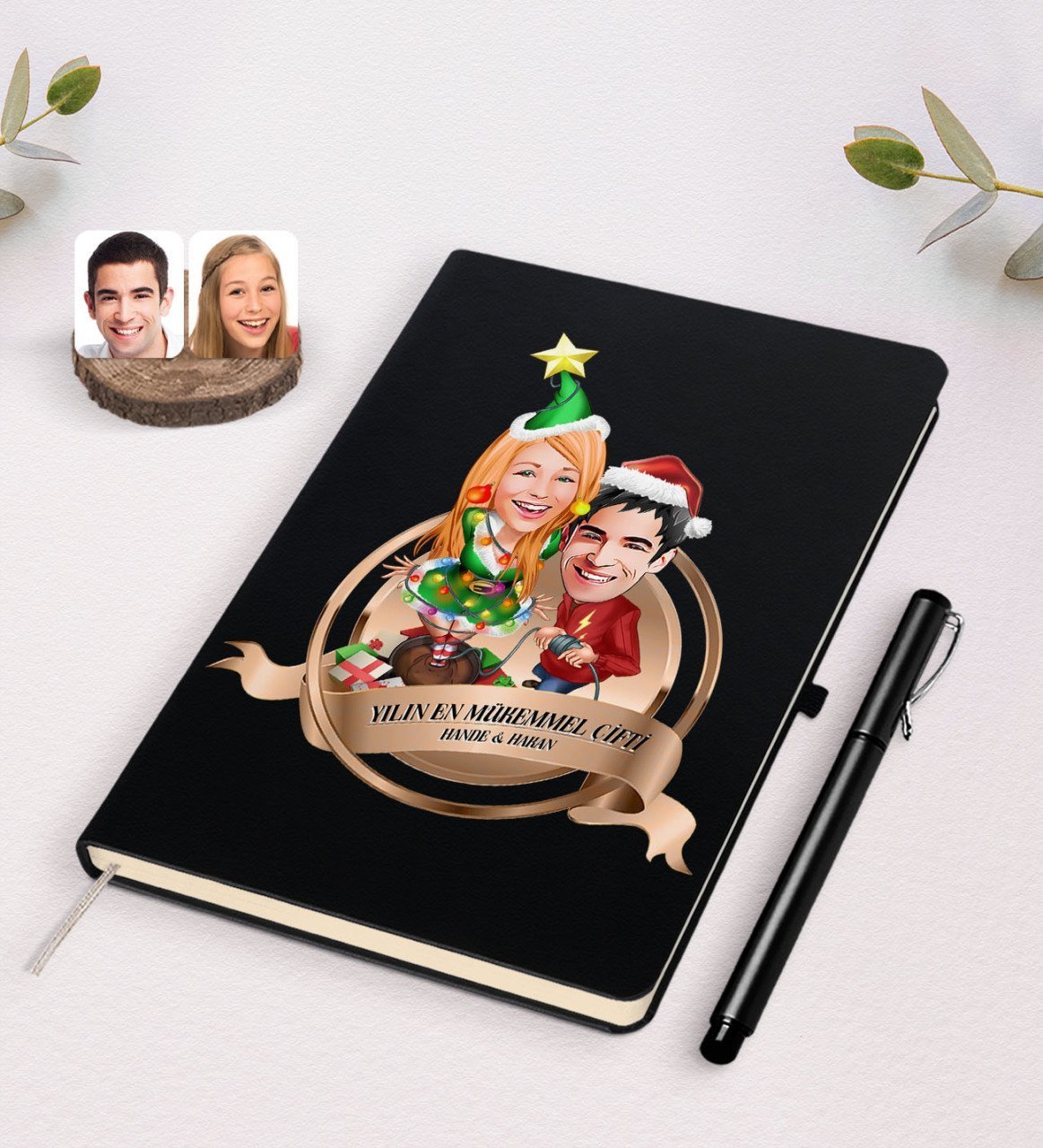 Kişiye Özel Yılın En Mükemmel Çifti Karikatürlü Siyah Defter ve Kalem Hediye Seti-61
