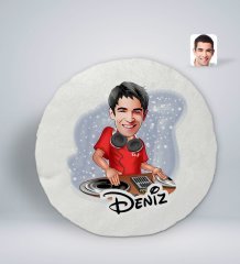 Kişiye Özel İsimli Erkek Dj Karikatürlü Yuvarlak Araç Koltuk Yastığı-1