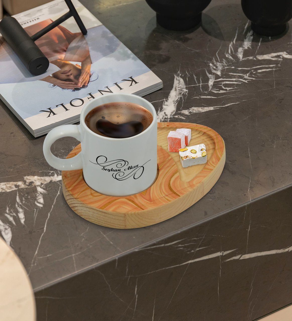 Kişiye Özel Mermer Tasarımlı Doğal Ahşap Tabaklı Türk Kahvesi Fincanı Sunum Seti Model 3