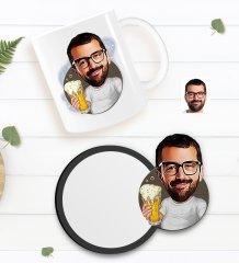 Kişiye Özel Erkek Karikatürlü Beyaz Kupa ve Ahşap Bardak Altlığı Hediye Seti-51