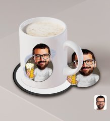 Kişiye Özel Erkek Karikatürlü Beyaz Kupa ve Ahşap Bardak Altlığı Hediye Seti-51