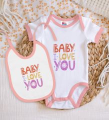 BK Kids Baby I Love You Tasarımlı Pembe Bebek Body Zıbın ve Mama Önlüğü Hediye Seti-1