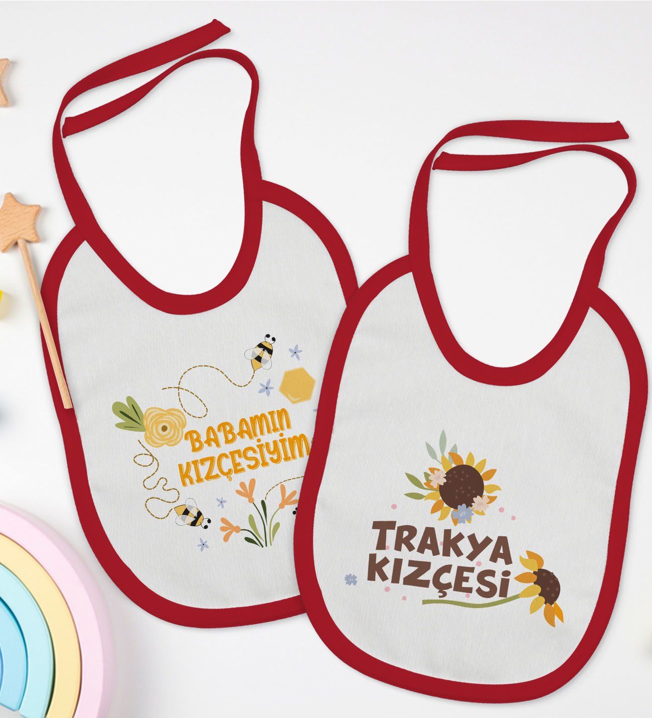 BK Kids Kızçe Tasarımlı 2’li Kırmızı Mama Önlüğü-1