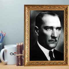 Altın Yaldız Çerçeveli A4 Atatürk Tablosu - 4