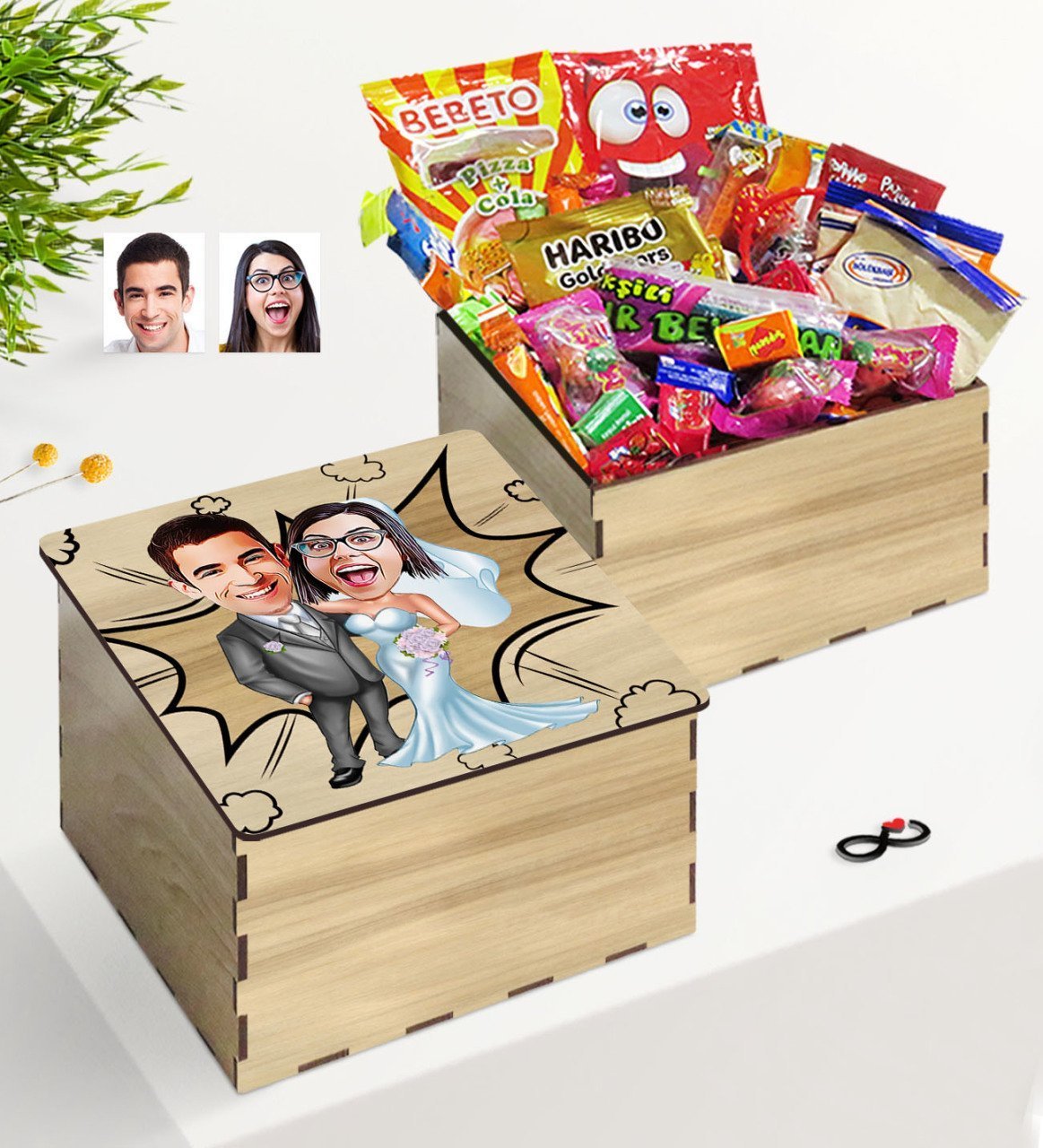 Kişiye Özel Ahşap Kutuda Evlilik Karikatürlü Nostaljik Lezzetler Hediye Seti-5