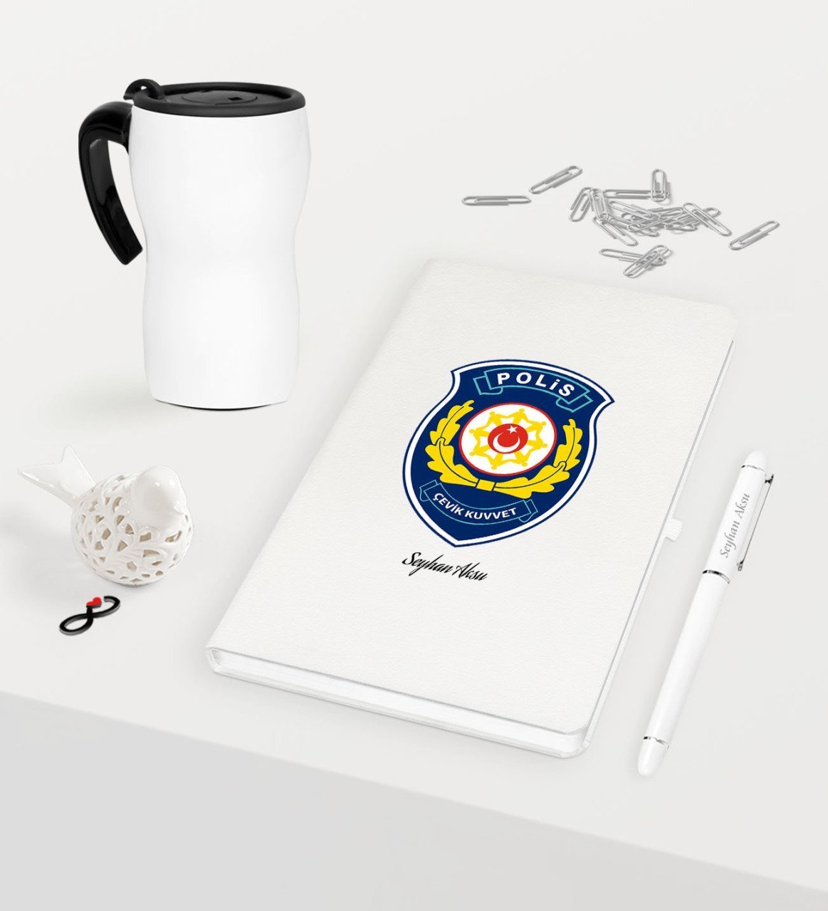 Kişiye Özel Polis Çevik Kuvvet Temalı Beyaz Defter Kalem Termos Mug Seti