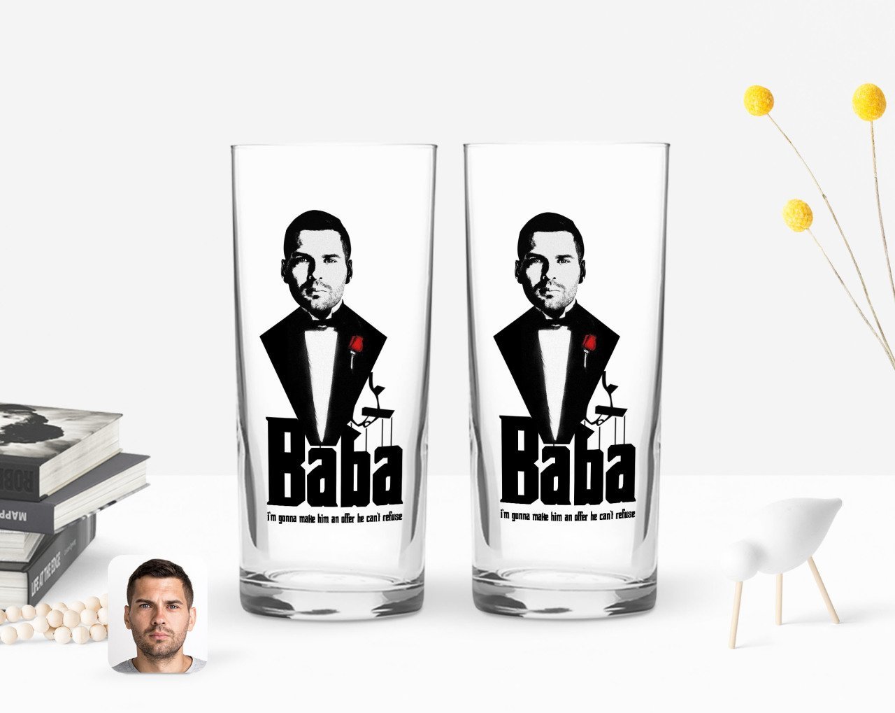 Kişiye Özel Renkli Baskılı Godfather Baba Tasarımlı İkili Rakı Bardağı Seti-3