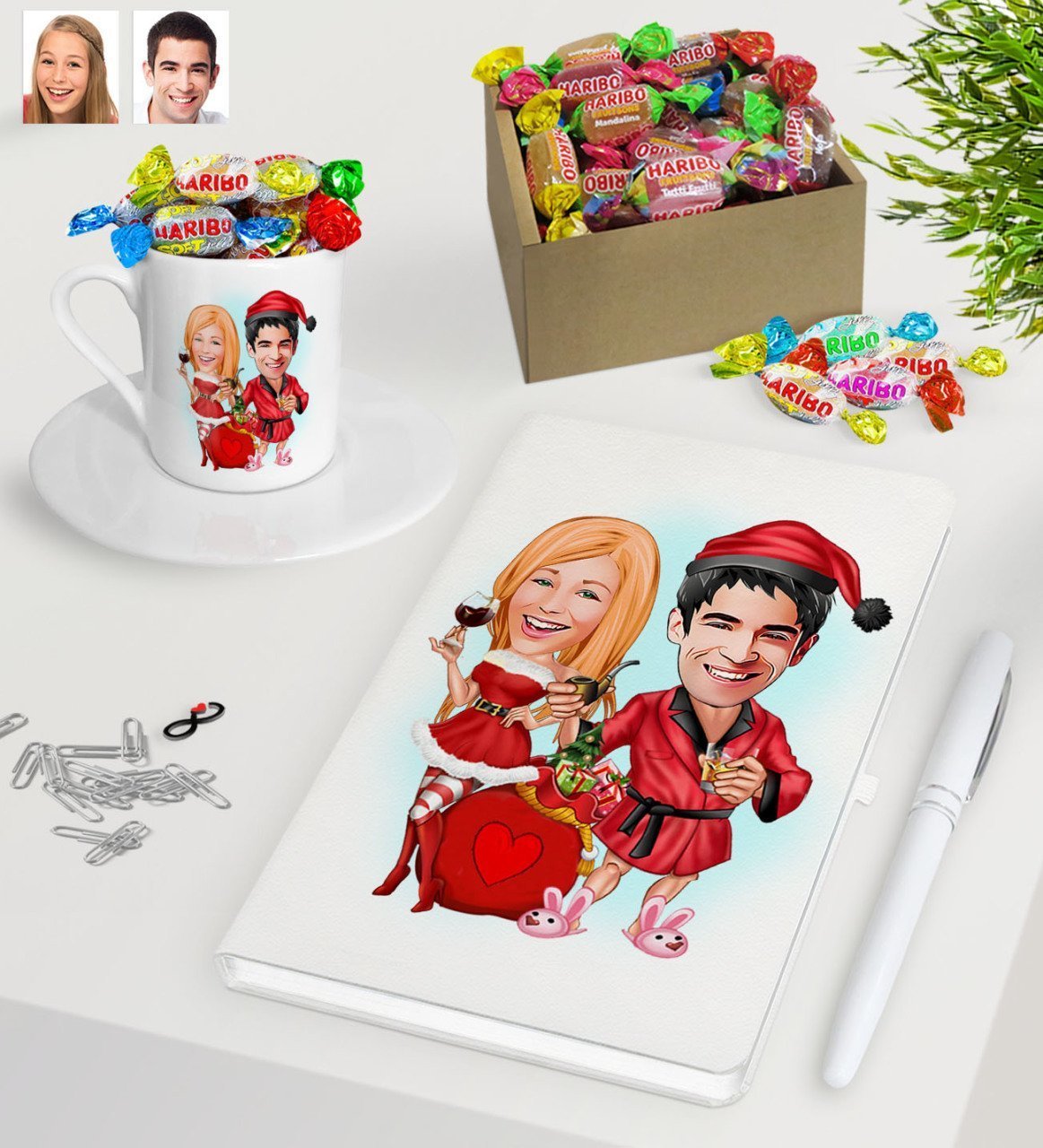 Kişiye Özel Yeni Yıl Sevgililer Karikatürlü Beyaz Defter Kalem Türk Kahvesi Fincanı ve Kutulu Haribo Şeker Hediye Seti-5