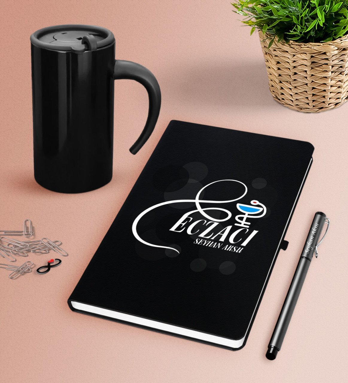 Kişiye Özel Eczacı Siyah Defter Kalem Termos Mug Seti-7