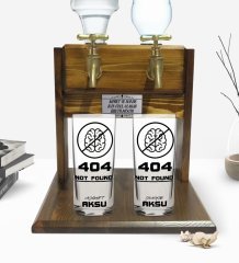 Kişiye Özel Renkli Baskılı 404 Not Found Tasarımlı İkili Rakı Bardağı ve Çift Musluklu Doğal Ahşap Rakı Standı-1