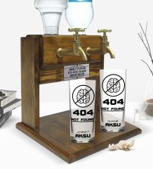 Kişiye Özel Renkli Baskılı 404 Not Found Tasarımlı İkili Rakı Bardağı ve Çift Musluklu Doğal Ahşap Rakı Standı-1