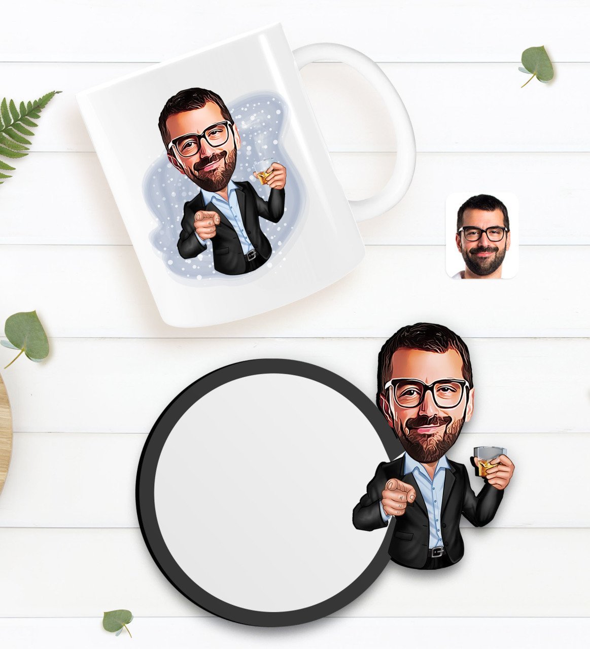 Kişiye Özel Erkek Karikatürlü Beyaz Kupa ve Ahşap Bardak Altlığı Hediye Seti-50