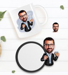 Kişiye Özel Erkek Karikatürlü Beyaz Kupa ve Ahşap Bardak Altlığı Hediye Seti-50