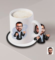 Kişiye Özel Erkek Karikatürlü Beyaz Kupa ve Ahşap Bardak Altlığı Hediye Seti-50