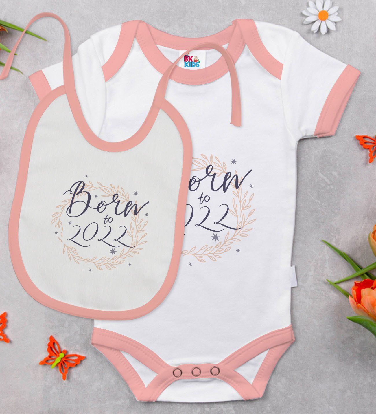 BK Kids Born To 2022 Tasarımlı Pembe Bebek Body Zıbın ve Mama Önlüğü Hediye Seti-1