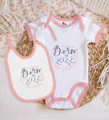 BK Kids Born To 2022 Tasarımlı Pembe Bebek Body Zıbın ve Mama Önlüğü Hediye Seti-1