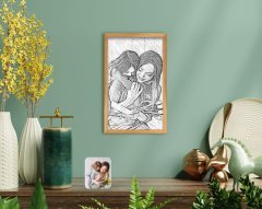 BK Home Karakalem Anne Kız Fotoğraflı El Yapımı Ahşap Çerçeveli Tablo-1