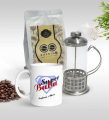 Kişiye Özel Süper Baba Tasarımlı Kupa & French Press & 250gr Filtre Kahve Hediye Seti-5