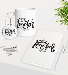 Kişiye Özel İngilizce Öğretmeni Kupa Anahtarlık Beyaz Defter Kalem Hediye Seti-15