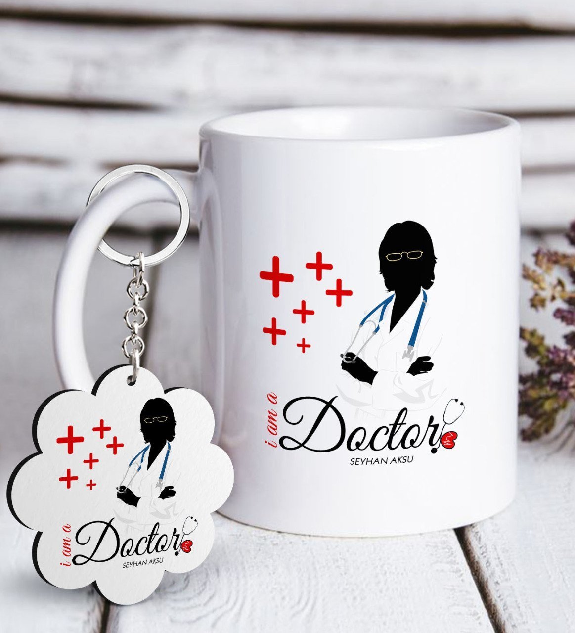 Kişiye Özel Mesleki Doktor Beyaz Kupa ve Anahtarlık Hediye Seti-1