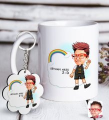 Kişiye Özel Erkek İlkokul Öğrenci Karikatürlü Beyaz Kupa ve Anahtarlık Hediye Seti-2